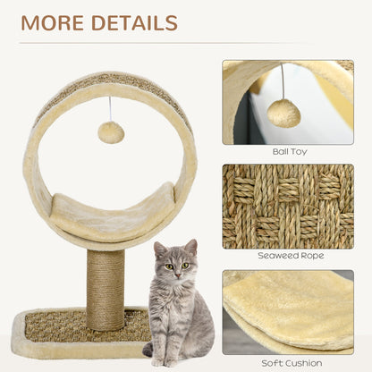 PawHut 56cm Small Cat Tree for Indoor Cats with Scratching Post, Kitten Tower with Tunnel, Ball Toy, Cushion, Beige