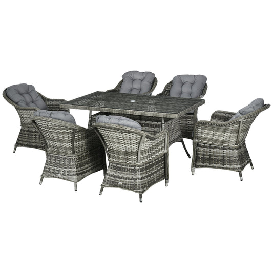 Outsunny 6 Seater Rattan Dining Set with Seat and Back Cushions, Round PE Rattan Garden Furniture Set, Outdoor Dining Table and Chairs, Rectangular Glass Top Table with Umbrella Hole, Grey