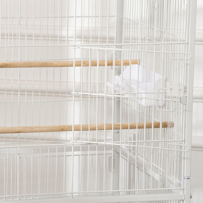PawHut Duża klatka dla ptaków Budgie Cage dla Finch Kanarki Papużki z ruchomym stojakiem, wysuwaną tacą, półką do przechowywania, pojemnikami na żywność, biała