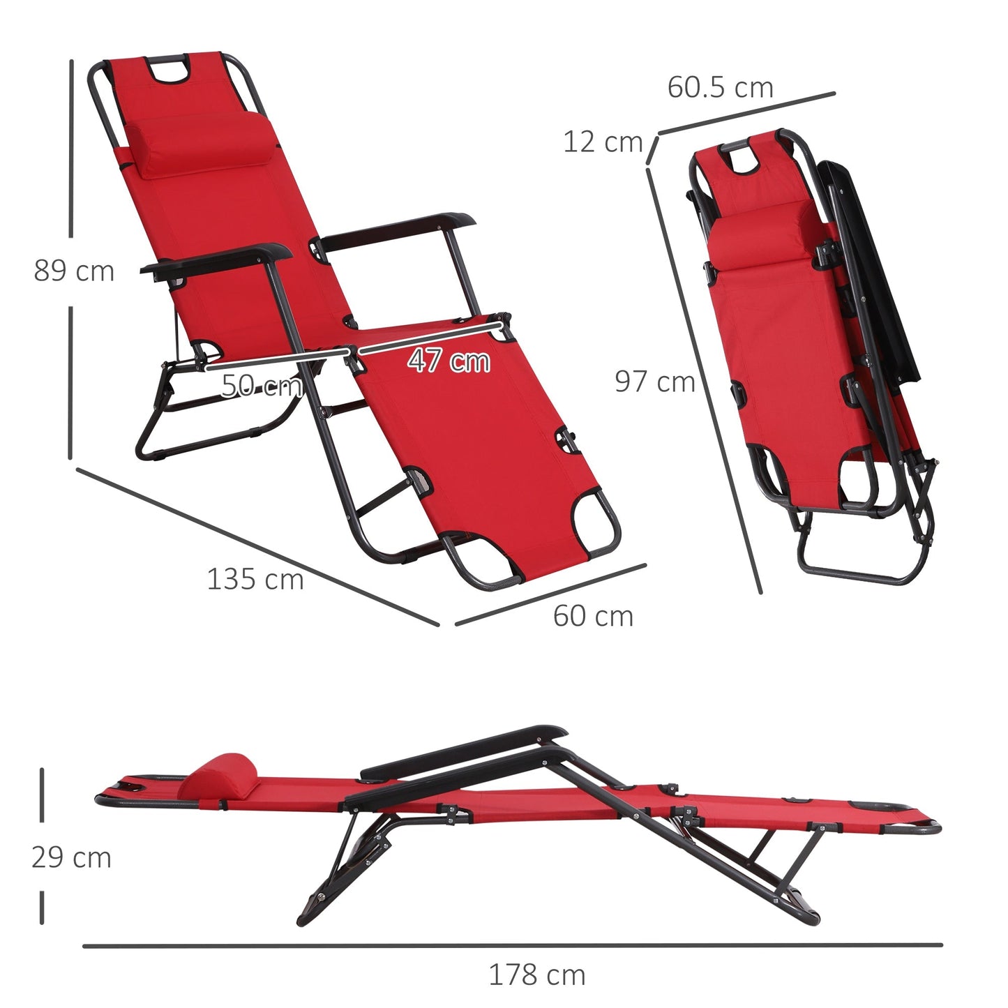 Outsunny 2 Piece Foldable Camping Beach Sun Loungers with Adjustable Back, Outdoor Reclining Garden Chairs with Pillow and Armrests, Red