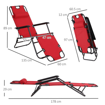 Outsunny 2 Piece Foldable Camping Beach Sun Loungers with Adjustable Back, Outdoor Reclining Garden Chairs with Pillow and Armrests, Red