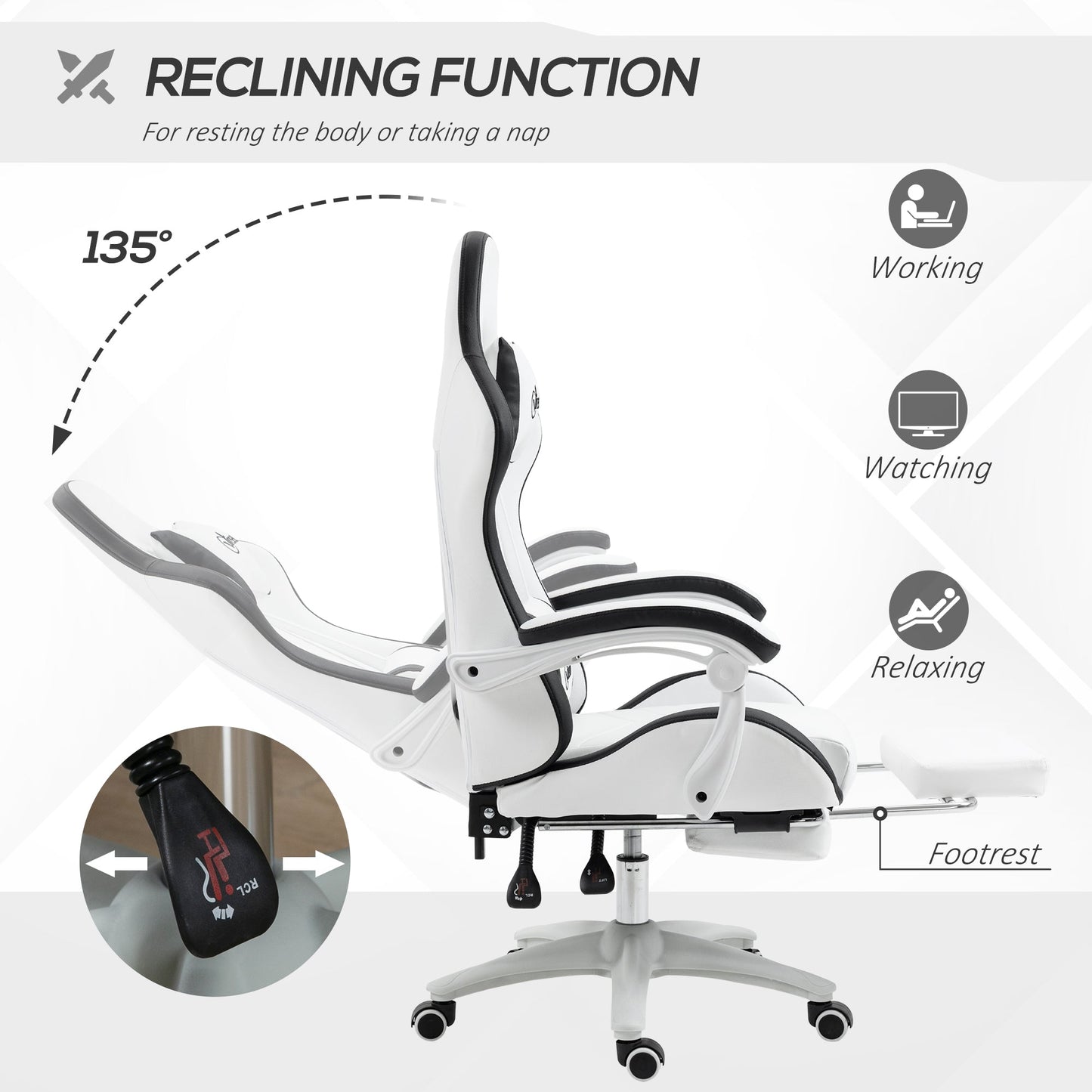 Vinsetto Computer Gaming Chair, PU Leather Office Desk Chair with Footrest, Swivel Wheels, 135 Reclining Back, Lumbar Support, Headrest for Home, White and Black