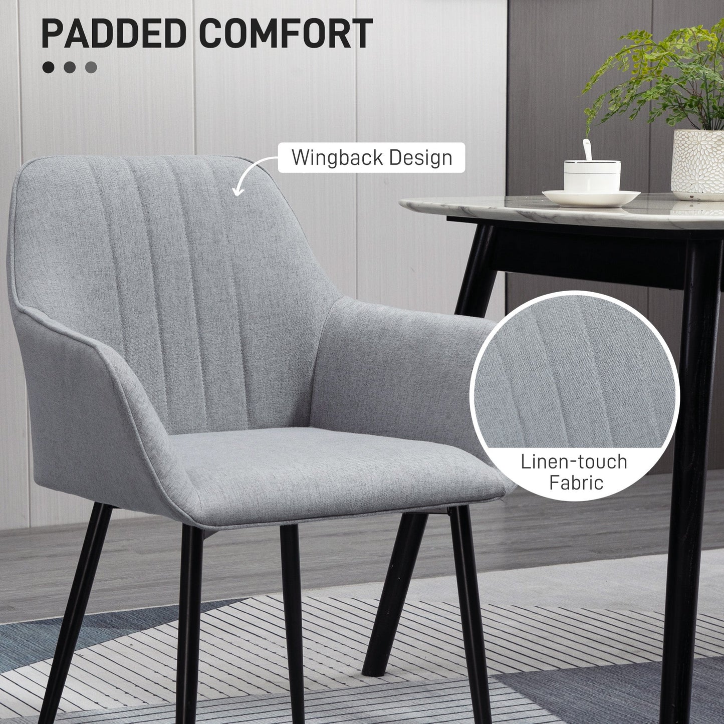 HOMCOM Dining Chairs Set of 4, Upholstered Linen Fabric Kitchen Chairs with Metal Legs for Living Room Dining Room, Light Grey