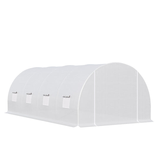 Outsunny 6 x 3 x 2 m Large Walk-In Greenhouse Garden Polytunnel Greenhouse with Metal Frame, Zippered Door and Roll Up Windows, White