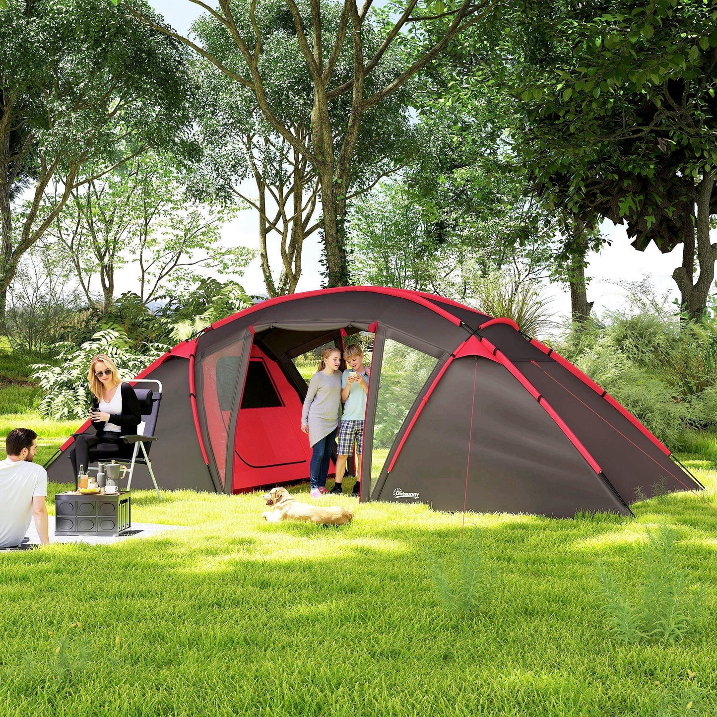 Outsunny 4-6 Man Family Camping Tent w/ 2 Bedrooms and a Living Room, Waterproof Tunnel Tent w/ Sewn In Groundsheet, Doors, Windows, Carry Bag, Grey