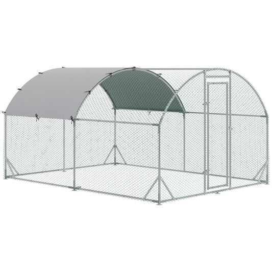 PawHut Walk In Chicken Run Galvanized Chicken Coop Hen Poultry House Cage Rabbit Hutch Pet Playpen Backyard with Water-Resist Cover, 2.8 x 3.8 x 2m