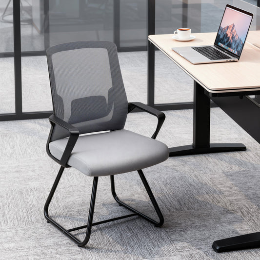 HOMCOM Desk Chair No Wheels, Office Chair with Mesh Back, Lumbar Support, Metal Base for Waiting Room, Conference Room, Dark Grey