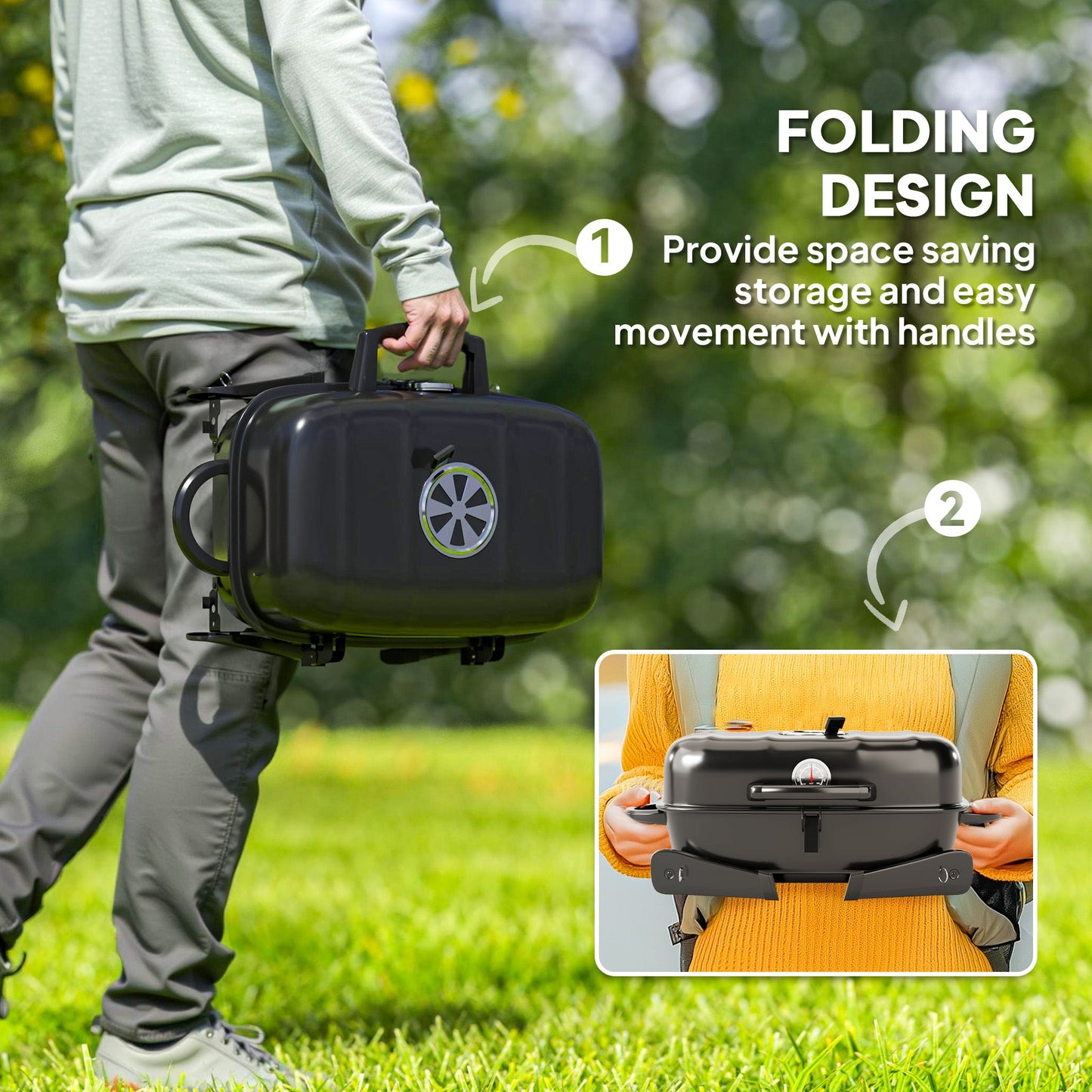 Outsunny Charcoal Barbecue Grill Folding BBQ Grill with 1232 cm√Ç¬≤ Cooking Area, Adjustable Vent, Thermometer, Handles for Camping Picnic, Black