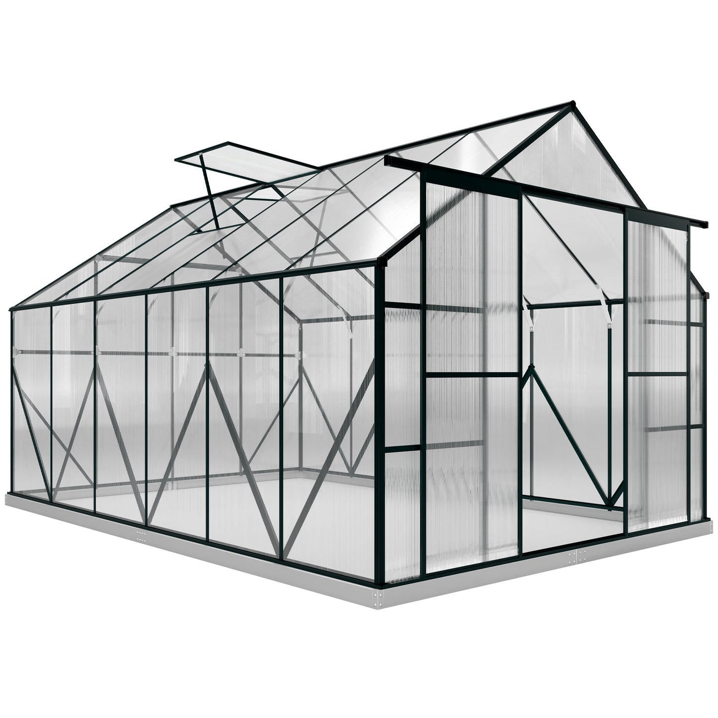 Outsunny 8 x 12ft Aluminium Greenhouse Polycarbonate Walk-in Garden Greenhouse Kit with Adjustable Roof Vent, Double Sliding Door, Rain Gutter and Foundation, Clear