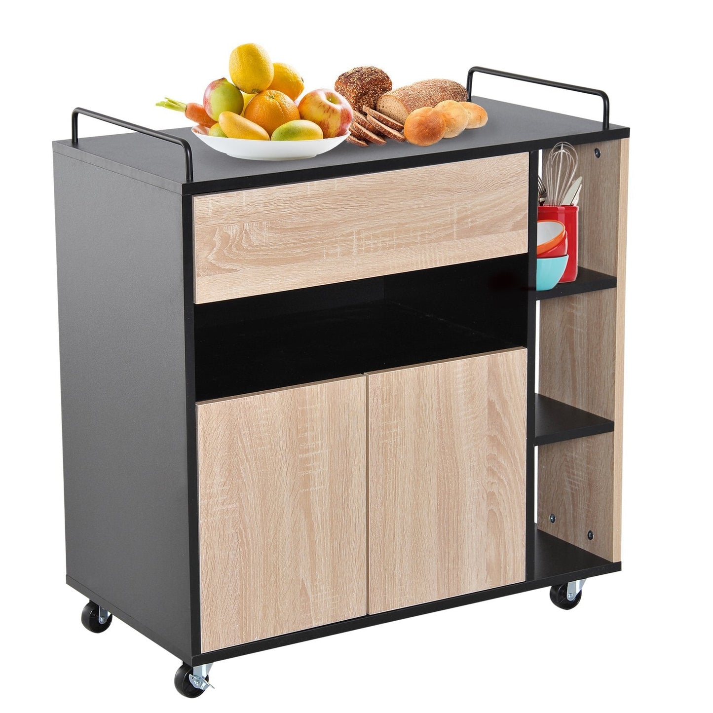 Rolling Kitchen Island, 76.5Wx40Dx82H cm Oak / Black Colour