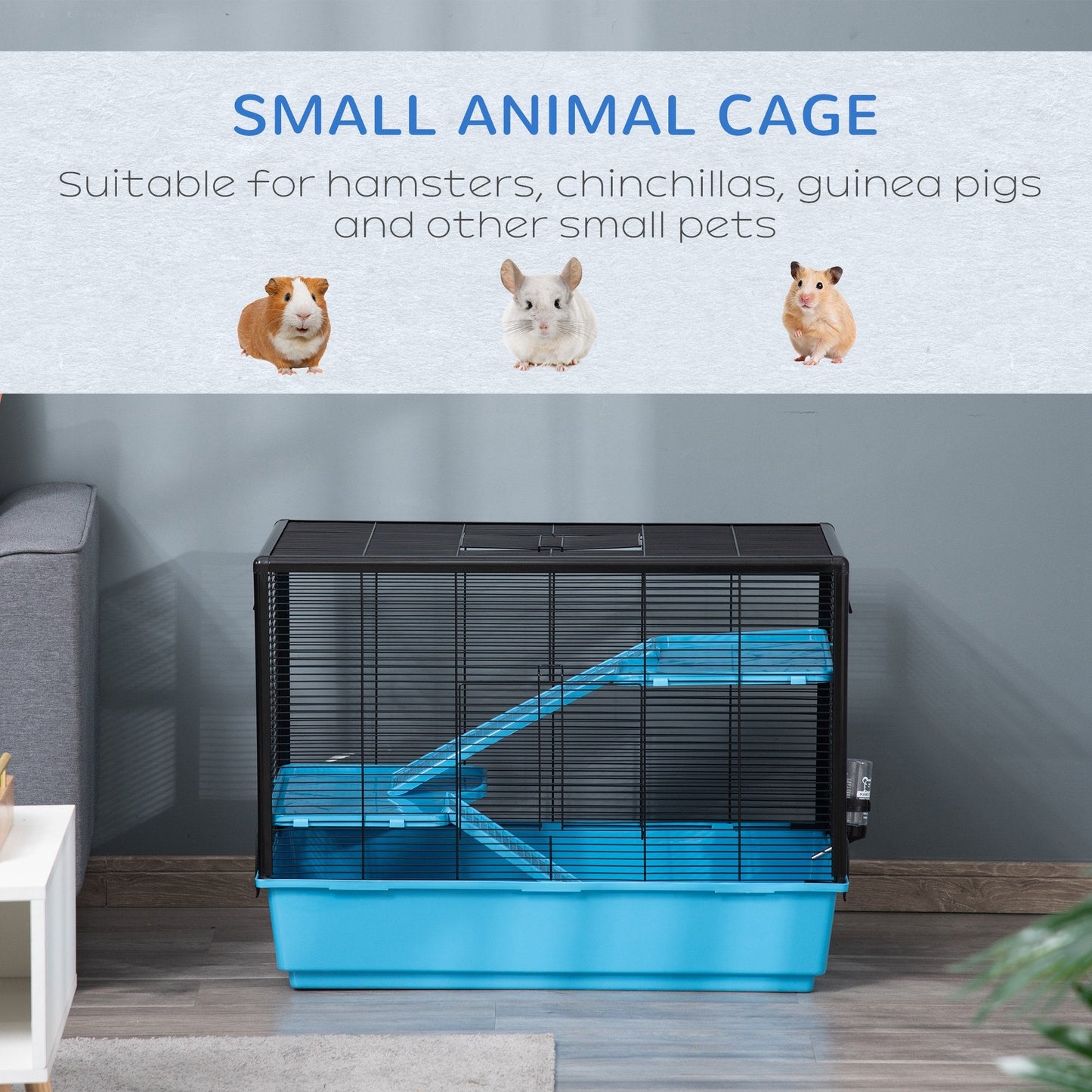 PawHut Indoor Small Animal Cage Habitat for Guinea Pigs Hamsters Chinchillas With Accessories, 80x48x58 cm, Light Blue