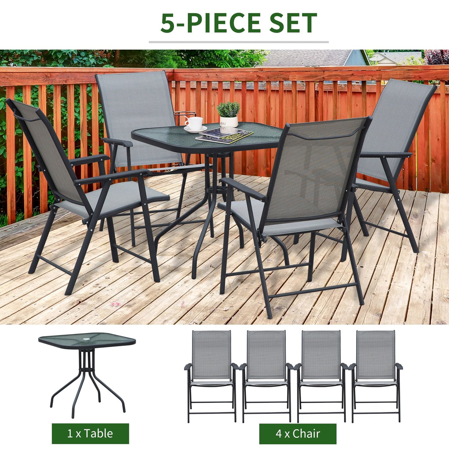 Outsunny 5 Piece Classic Outdoor Dining Set Steel Frames w/ 4 Folding Chairs Glass Top Table Texteline Seats Parasol Hole Garden Dining Black Grey