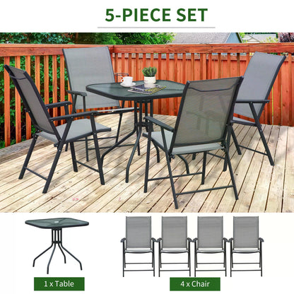 مجموعة طعام خارجية مكونة من 5 قطع من Outsunny Garden Patio، 4 كراسي قابلة للطي، طاولة زجاجية مع فتحة مظلة، مقاعد Texteline باللون الرمادي