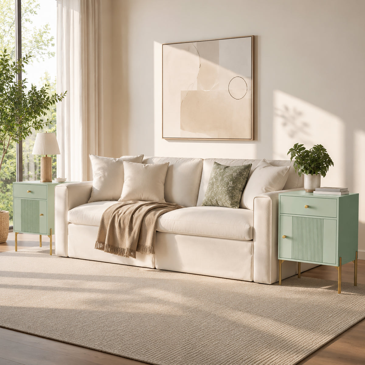 HOMCOM Modern End Table Set of 2, Side Tables with Drawer, Cabinet and Metal Legs for Living Room, Bedroom, Light Green