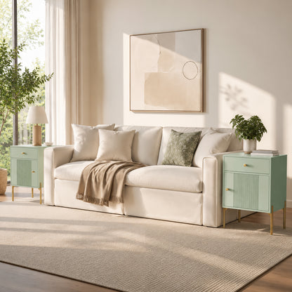 HOMCOM Modern End Table Set of 2, Side Tables with Drawer, Cabinet and Metal Legs for Living Room, Bedroom, Light Green