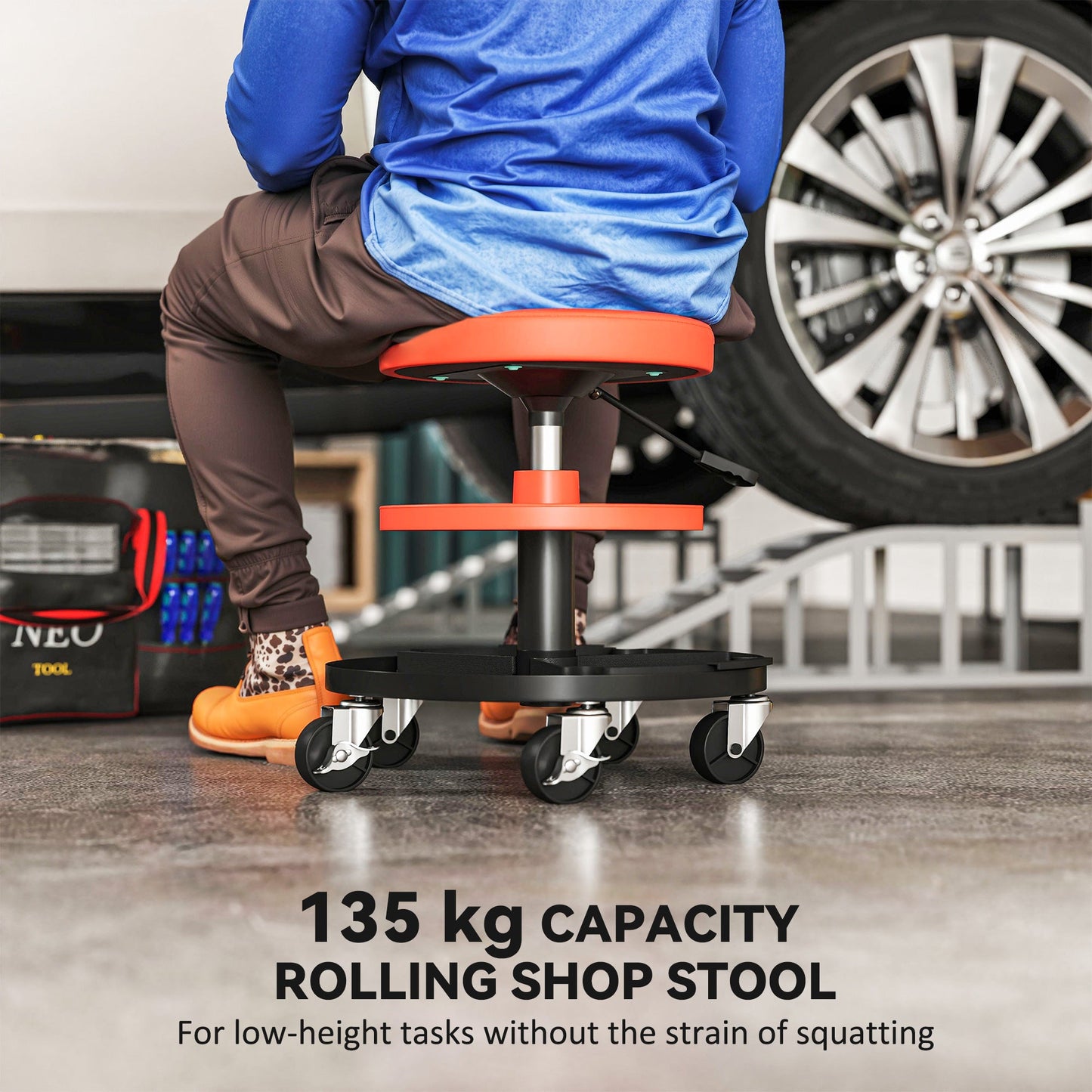 HOMCOM Rolling Mechanic Stool, 135kg Capacity Workshop Stool, 360 Swivel Roller Padded Creeper Seat with Wheels, Tool Trays Storage for Garage, Shop, Auto Repair, Yellow