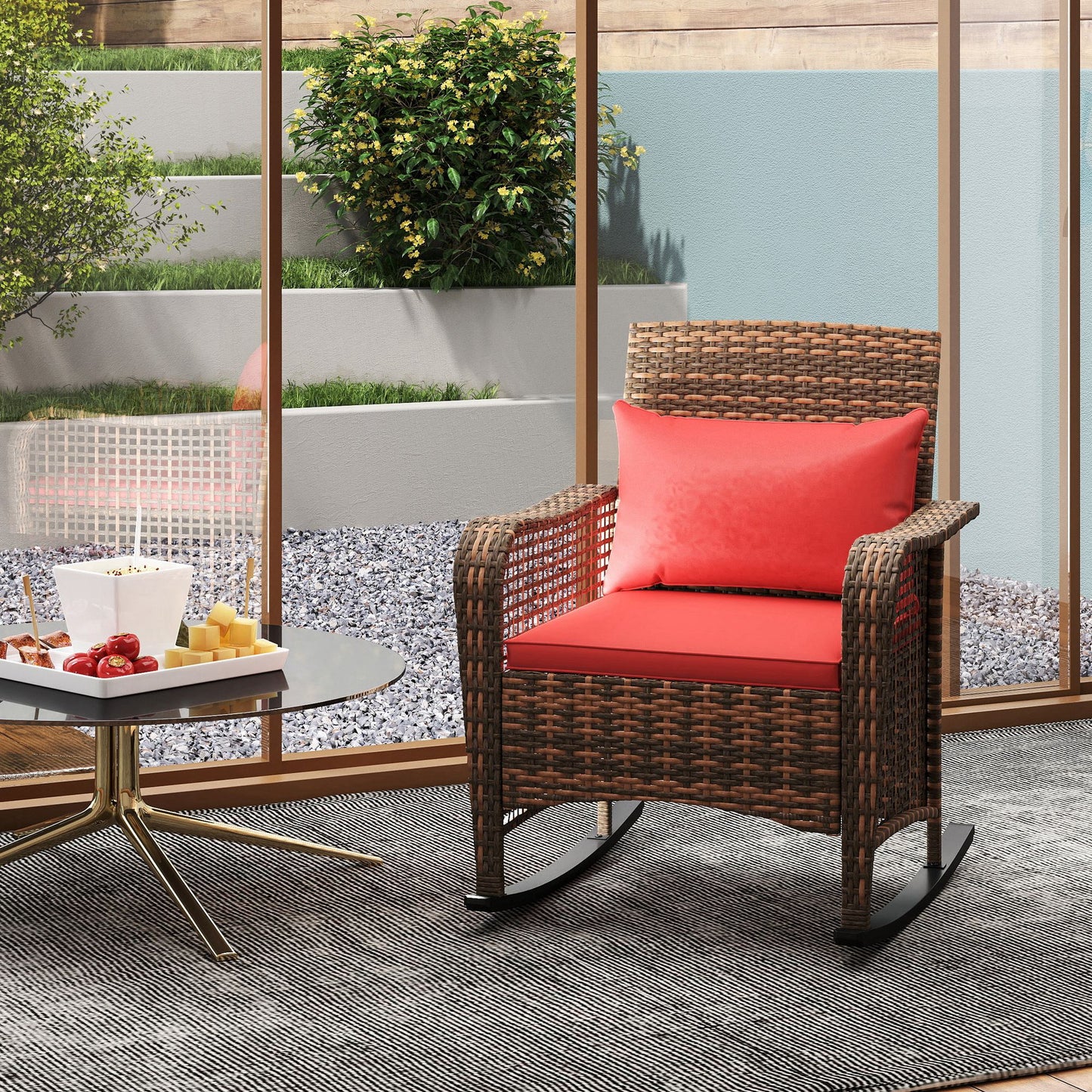 Fotel bujany Outsunny Rattan - czerwony