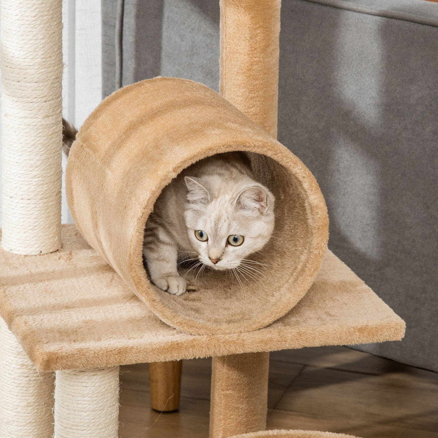 PawHut 121cm Cat Tree Tower Kitten Activity Center Scratching Post with Bed Tunnel Perch Interactive Ball Toy Brown