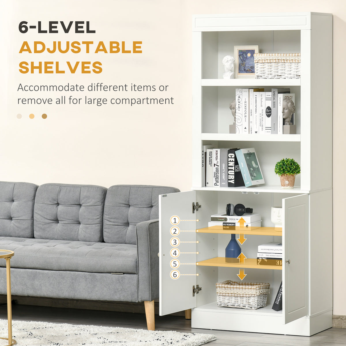 HOMCOM Kitchen Cupboard with 6-tier Shelving, Freestanding Storage Cabinet Sideboard, Pantry Cupboard with 3 Open Compartments and Double-door Cabinet with Adjustable Shelves, White