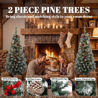 HOMCOM 4ft Pre-Lit Slim Artificial Christmas Tree Set of 2, with 100 Dual-Colour LED Lights, 140 Frosted Branch Tips