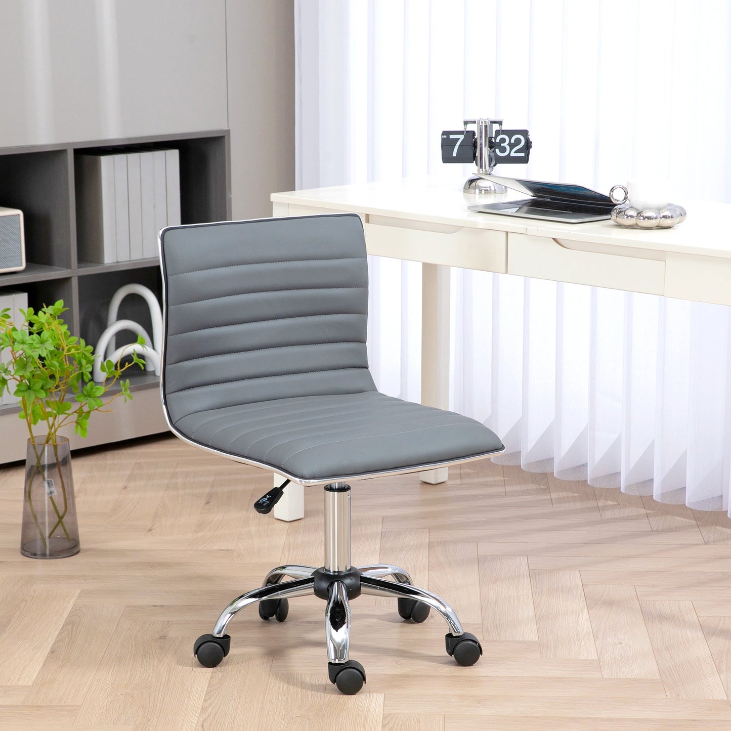 Vinsetto Adjustable Swivel Office Chair with Armless Mid-Back in PU Leather and Chrome Base - Light Grey