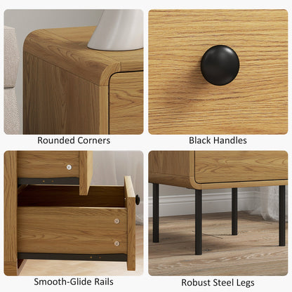HOMCOM Bedside Table with 2 Drawers and Steel Legs - Oak