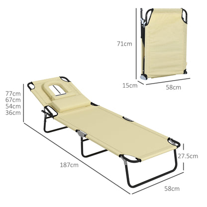 Outsunny Outdoor Folding Sun Lounger Set of 2 with Face Hole, 4 Level Adjustable Backrest Reclining Garden Lounger, Garden Recliner Sunbed with 600 D Oxford Cloth Seat and Pillow for Beach, Beige