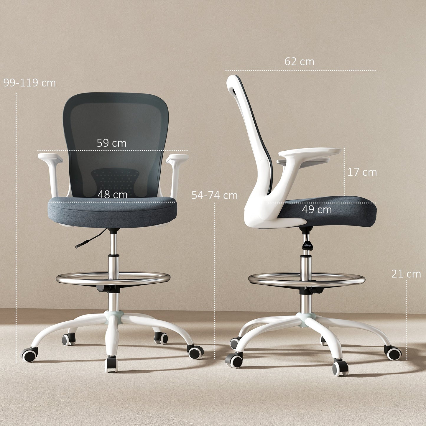 HOMCOM 99-119 cm Draughtsman Chair, with Adjustable Footrest - Grey