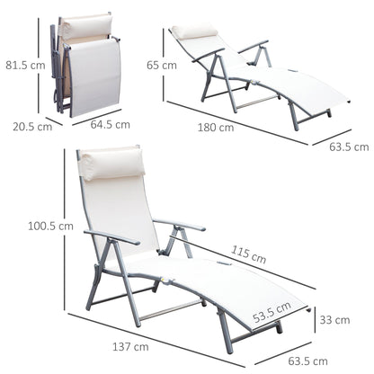 Outsunny Sun Lounger Steel Frame Outdoor Folding Chaise Texteline Lounge Chair Recliner with Headrest & 7 Levels Adjustable Backrest, Cream White