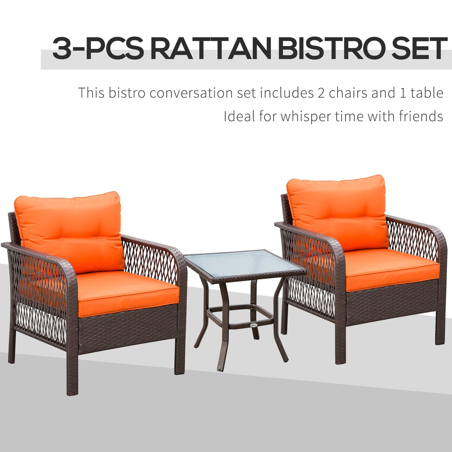 Outsunny 3 Pieces Rattan Bistro Set, Wicker Garden Furniture Set with Glass Top Coffee Table and Chairs, Thickened Cushions for Outdoor, Patio, Balcony, Orange