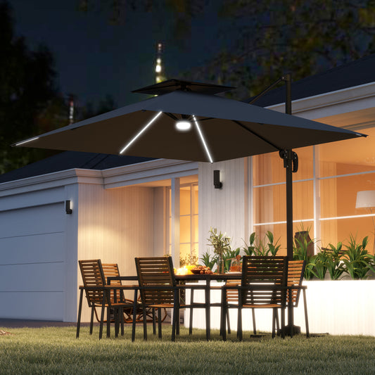 Outsunny 2,5 m parasol wspornikowy z lampami LED zasilanymi energią słoneczną, obrót 360√Ç¬∞, regulacja nachylenia, korba, ciemnoszary