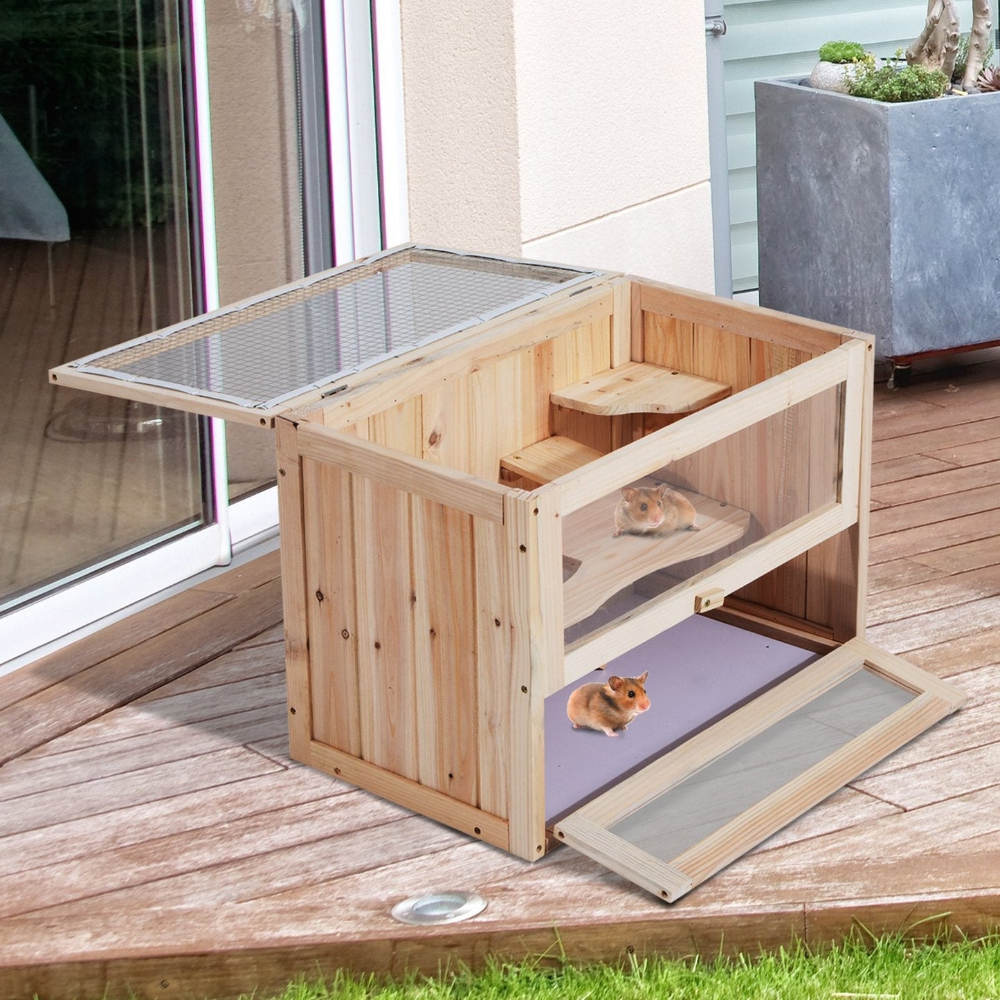 PawHut Wooden Hamster Cage Small Animal House Pets at Home, 60 x 35 x 42 cm