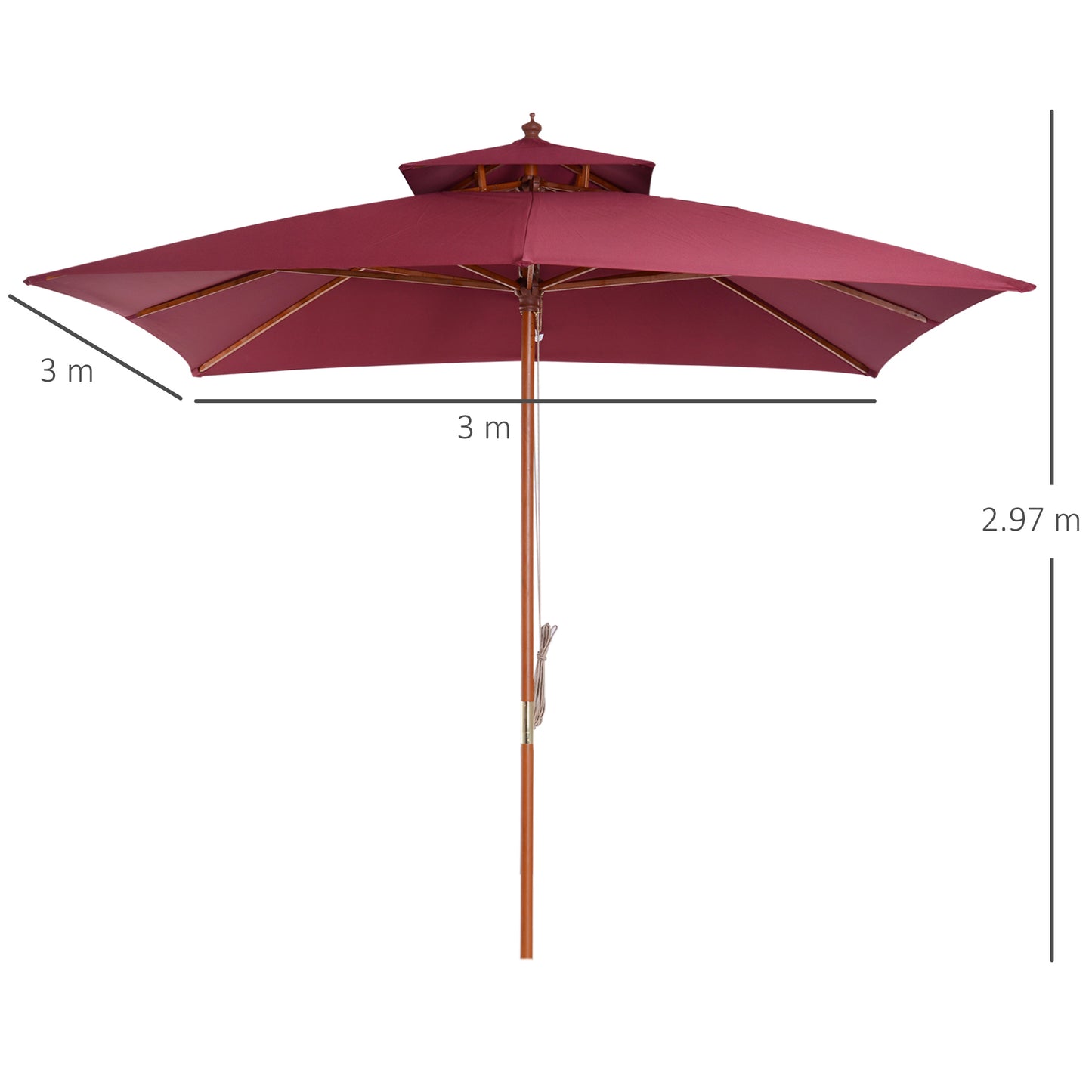 Outsunny 3 x 3(M) Parasol ogrodowy Parasol przeciwsłoneczny, zewnętrzny drewniany parasol z podwójnym baldachimem, bordowy