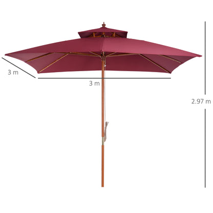 Outsunny 3 x 3(M) Parasol ogrodowy Parasol przeciwsłoneczny, zewnętrzny drewniany parasol z podwójnym baldachimem, bordowy