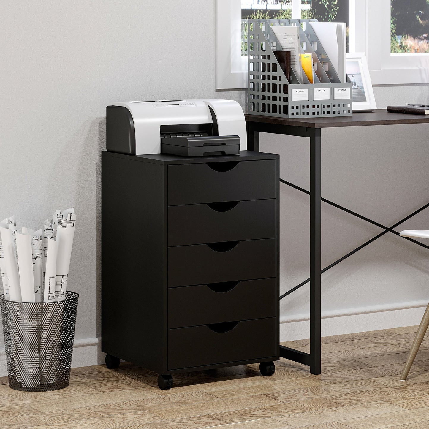 5 Drawer Mobile Filing Cabinet, Vertical File Cabinet, Modern Rolling Printer Stand for Home Office, Black