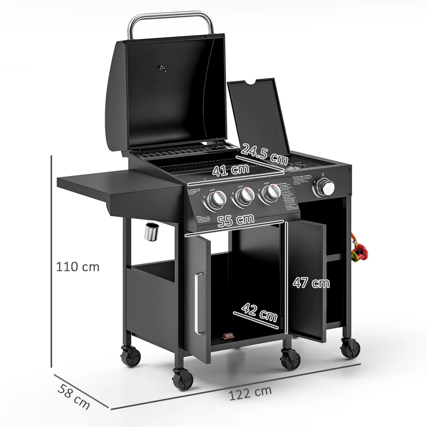 Outsunny 3+1 palnikowy grill gazowy z szafką i półkami, wózek na grilla gazowego o mocy 9,5 kW z 6 kółkami, ruszt do podgrzewania, termometr do gotowania na świeżym powietrzu, przyjęcie ogrodowe, czarny