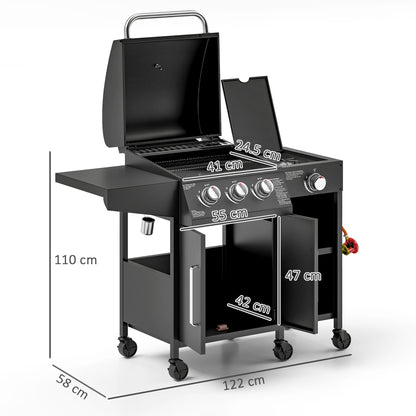 Outsunny 3+1 palnikowy grill gazowy z szafką i półkami, wózek na grilla gazowego o mocy 9,5 kW z 6 kółkami, ruszt do podgrzewania, termometr do gotowania na świeżym powietrzu, przyjęcie ogrodowe, czarny