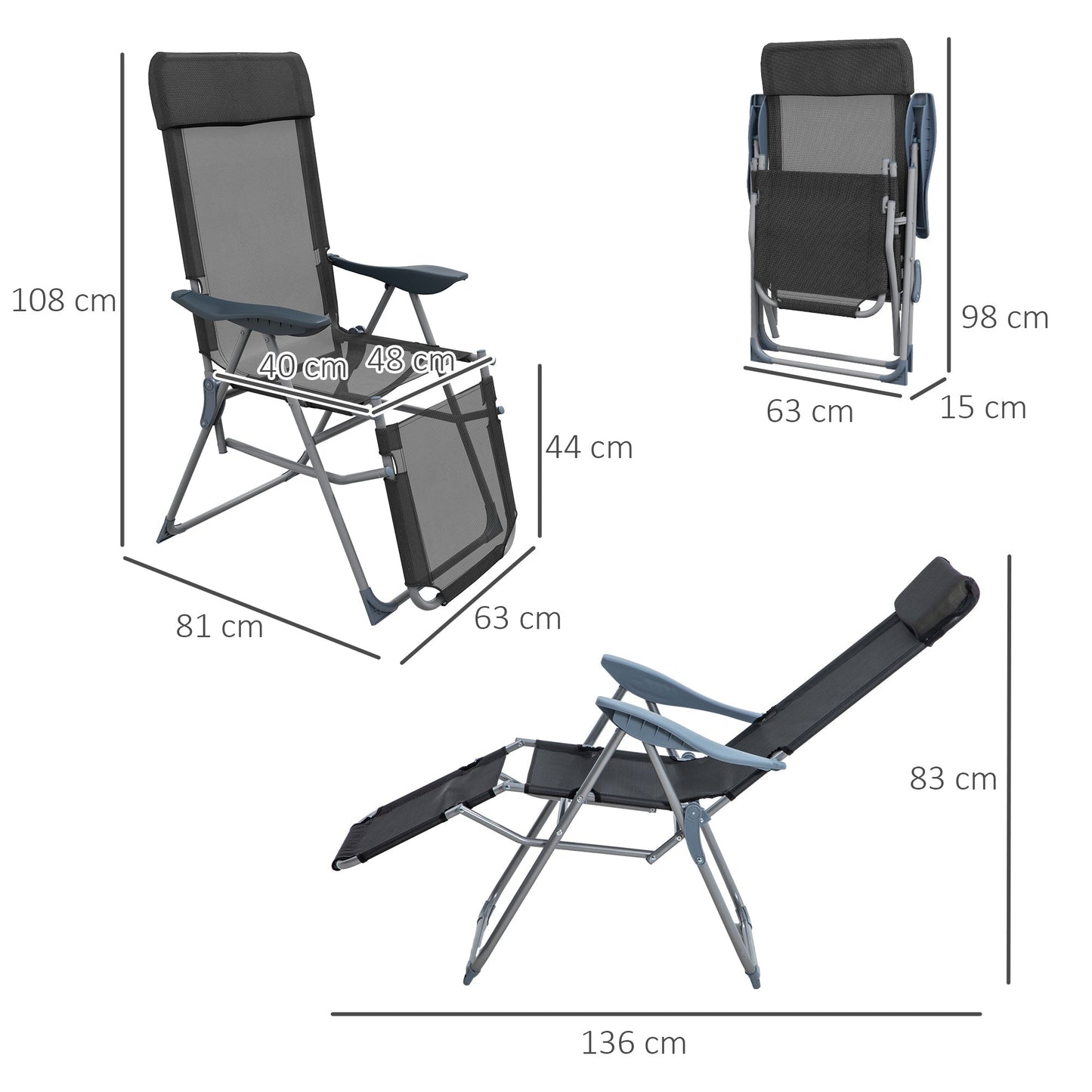 Outdoor Reclining Garden Chairs Set Of 2 With Adjustable Footrest, Recliner Garden Chairs with 5-level Adjustable Backrest, Headrest, Black