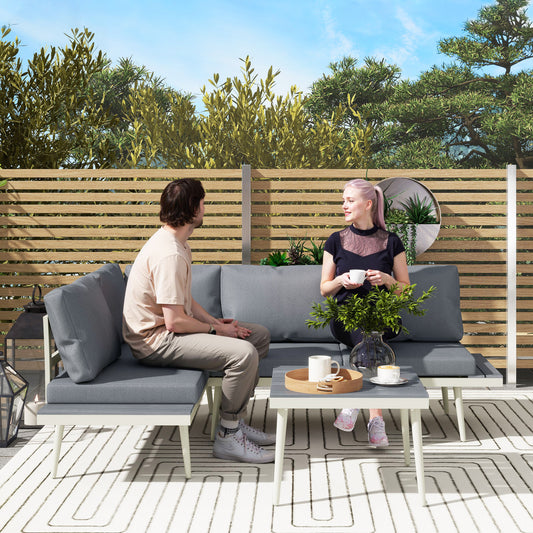 Zestaw mebli ogrodowych Outsunny 3-częściowy z 5-poziomową regulowaną leżanką, narożna sofa ogrodowa w kształcie litery L z poduszkami, siedzisko z siatki, stół z listew z drewna słojowego, zestaw mebli ogrodowych do ogrodu zimowego, szary