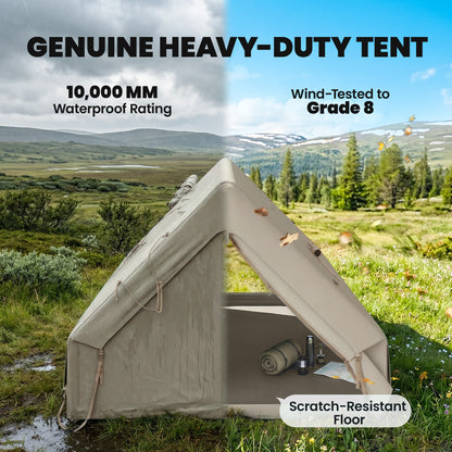 Outsunny Inflatable Camping Tent, 4 Season Hot Tent 10000mm Waterproof with Chimney Opening, Sky Light and Air Pump, Khaki