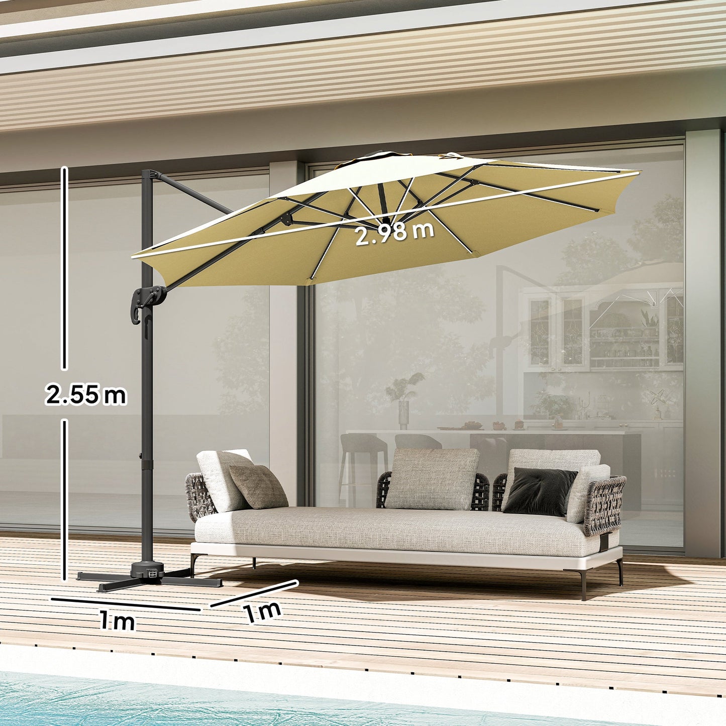 Outsunny 3(m) Adjustable Cantilever Parasol with Base, Solar LED Lights, Khaki