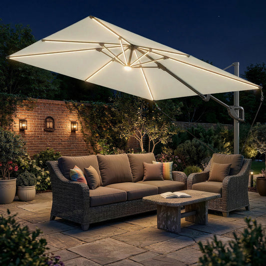 Outsunny 3 x 3 m Garden Cantilever Parasol w/ Light, Cover, UPF50+ Patio Umbrella w/ Wind Protection, 360Â° Rotation, Cream White