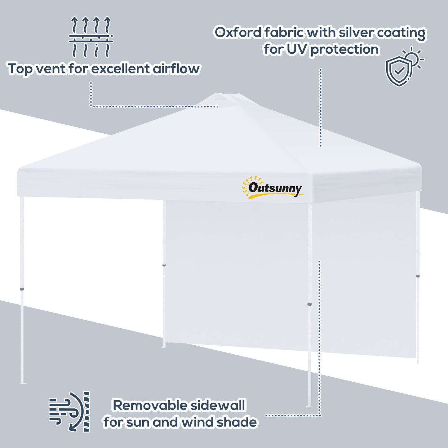 Outsunny 3x(3)M Pop Up Gazebo Tent with 1 Sidewall, Roller Bag, Adjustable Height, Event Shelter Tent for Garden, Patio, White