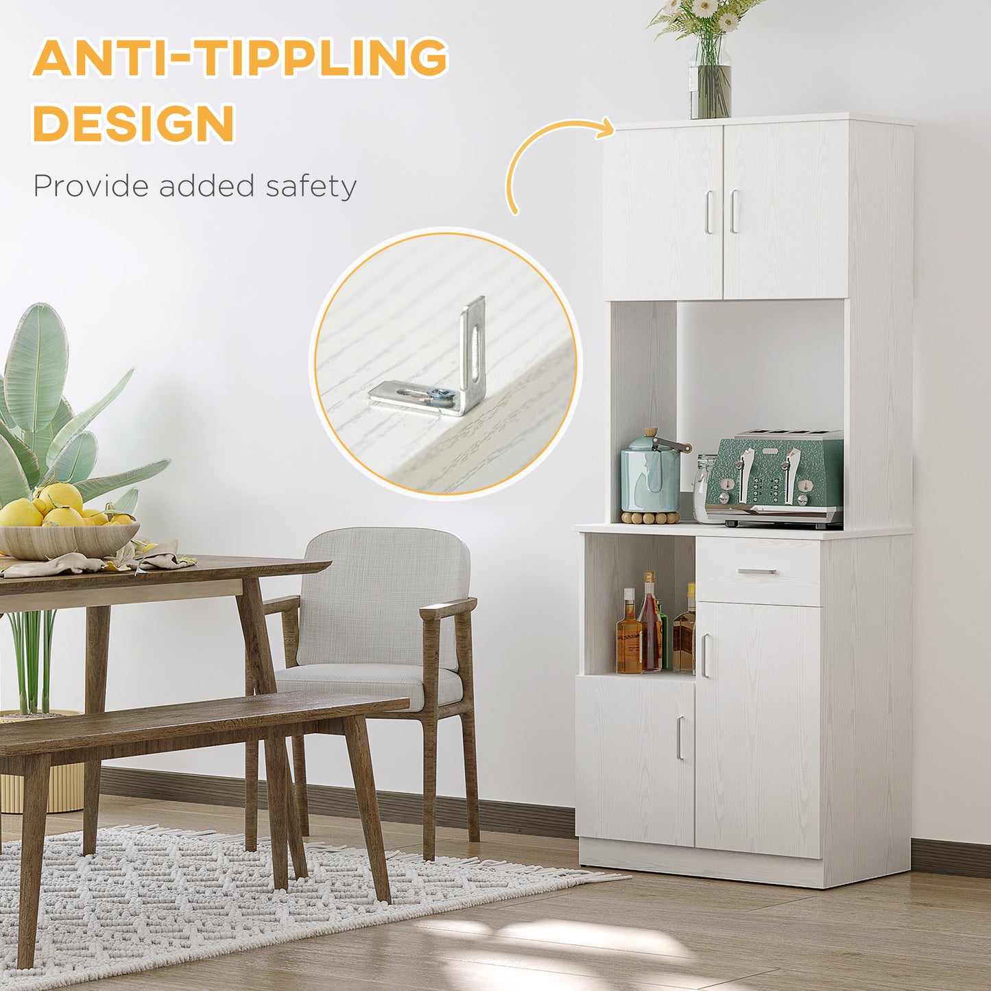 HOMCOM Freestanding Kitchen Cupboard, Modern Kitchen Storage Cabinet with Doors, Microwave Counter and Adjustable Shelves, White