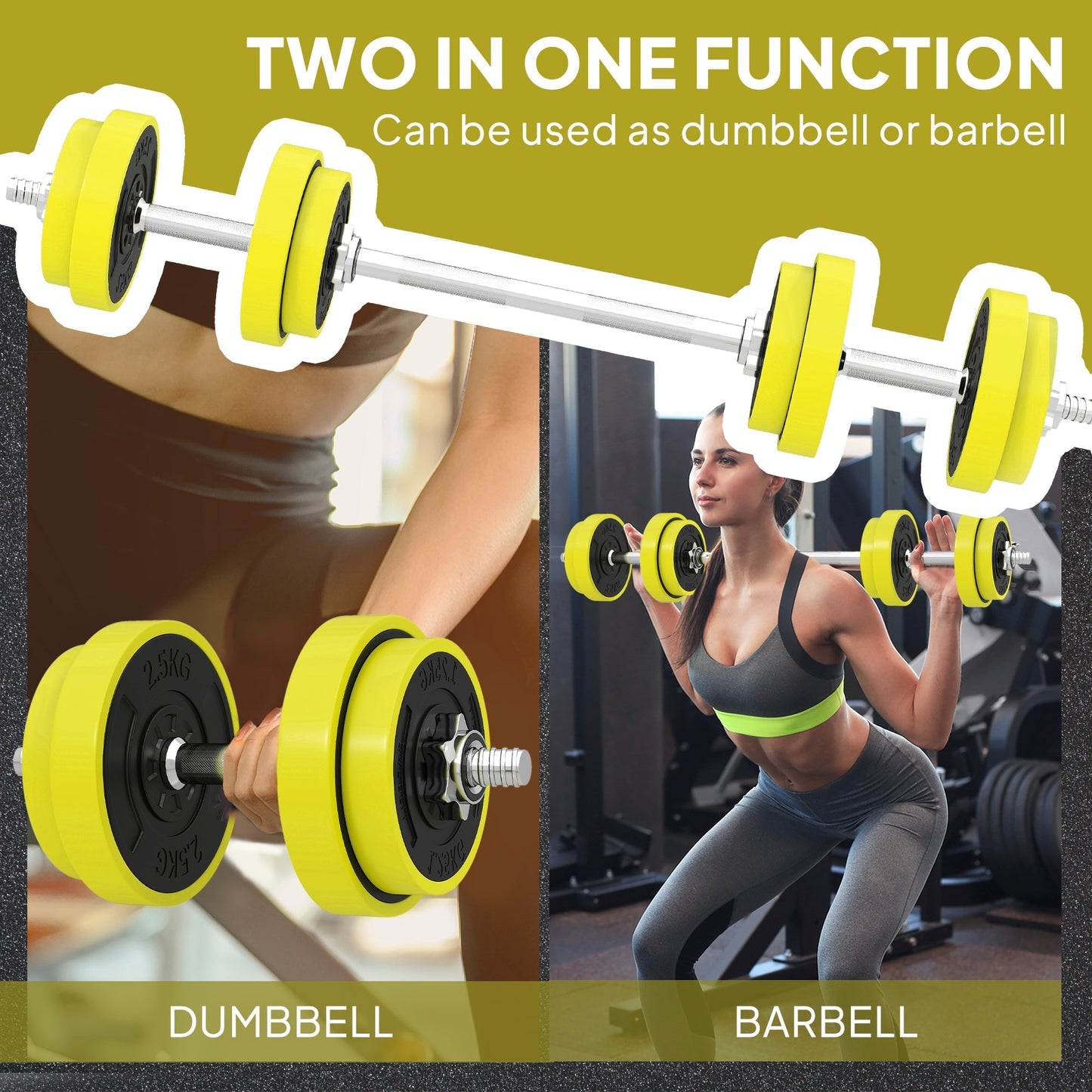 HOMCOM 20KGS 2-In-1 Dumbbell & Barbell Adjustable Set Strength Muscle Exercise Fitness Plate Bar Clamp Rod Home Gym Sports Area, Yellow