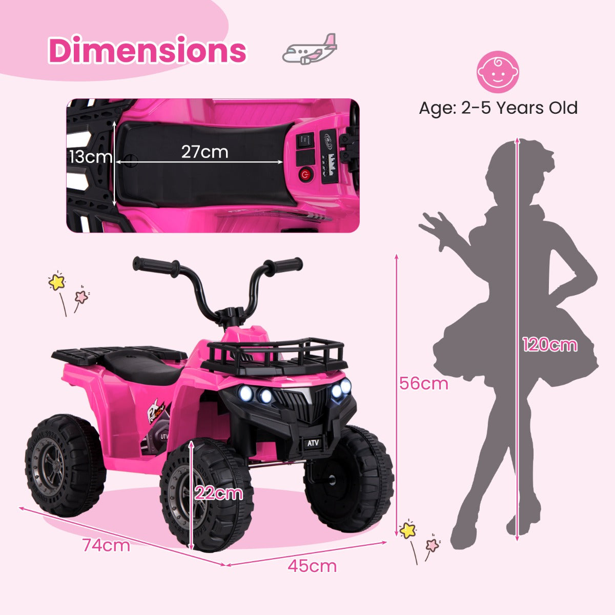 6V 4-Wheeler Quad Car with One-Button Start and Tread Tires-Pink