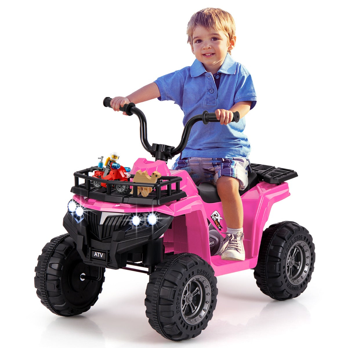 6V 4-Wheeler Quad Car with One-Button Start and Tread Tires-Pink