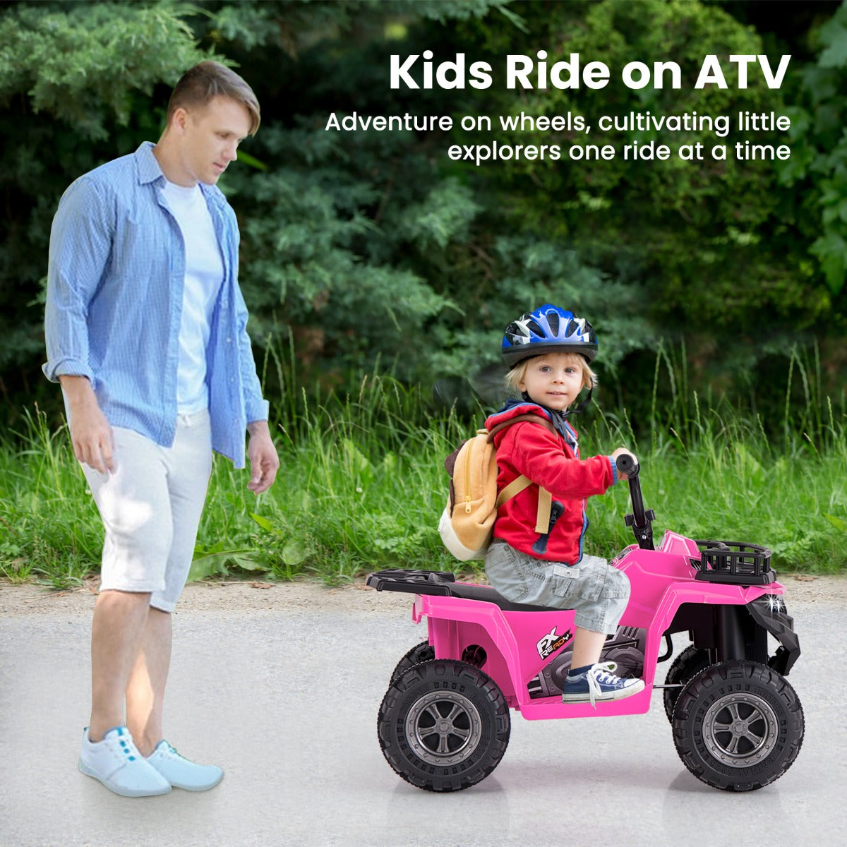 6V 4-Wheeler Quad Car with One-Button Start and Tread Tires-Pink