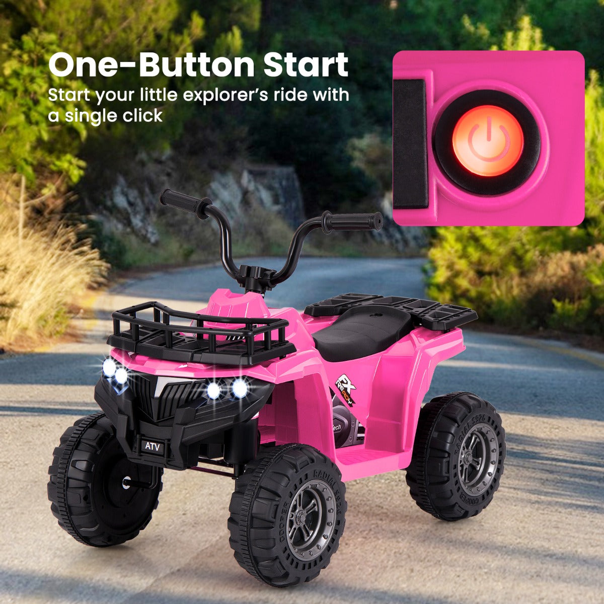 6V 4-Wheeler Quad Car with One-Button Start and Tread Tires-Pink