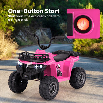 6V 4-Wheeler Quad Car with One-Button Start and Tread Tires-Pink